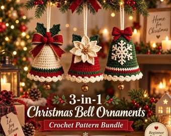 Modèle de clochette de Noël au crochet 3 en 1 (PDF) - Motifs nœud, poinsettia et flocon de neige - Clochette dorée, téléchargement numérique