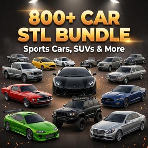May include: An image featuring a variety of car models, including sports cars and SUVs. The text "800+ CAR STL BUNDLE" is displayed, with the tagline "Sports Cars, SUVs & More". The cars are in different colours and styles, suggesting a comprehensive collection.