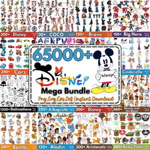 May include: A Disney Mega Bundle graphic with Mickey Mouse holding a sign. The image includes various Disney characters and movies, such as Cinderella, Aladdin, and Baby Yoda. The text reads "65000+ Disney Mega Bundle" and "Png, Svg, Eps, Dxf | Instant Download."
