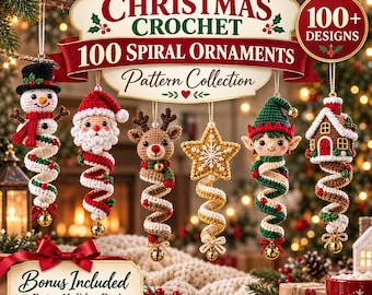 Bundel met 100 haakpatronen voor kerstornamenten in spiraalvorm (PDF) | Draaiende spiraaldecoratie voor de feestdagen | Geschikt voor beginners | Direct te downloaden