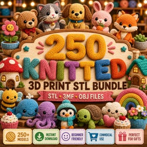 Pode incluir: Imagem de uma coleção de arquivos STL de impressão 3D em malha, com vários designs de animais e objetos. A imagem inclui o texto "250 KNITTED 3D PRINT STL BUNDLE" e ícones que indicam download instantâneo e uso comercial.