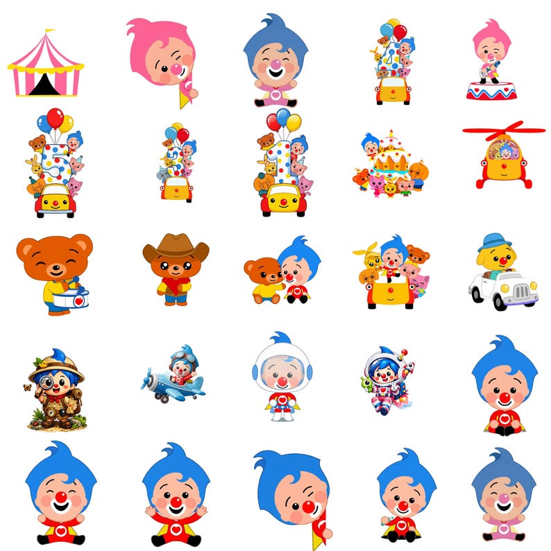K&ouml;nnte beinhalten: Eine Sammlung farbenfroher Cartoon-Illustrationen mit einer Clownfigur in verschiedenen Posen und Umgebungen. Die Bilder zeigen ein Zirkuszelt, Autos, einen Hubschrauber und andere spielerische Elemente. Die Charaktere sind in leuchtenden Farben gehalten.
