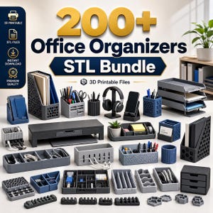 Puede incluir: Una colección de organizadores de oficina impresos en 3D en varias formas y tamaños, incluyendo portalápices, organizadores de archivos y organizadores de escritorio. La imagen presenta una variedad de colores, incluyendo gris, negro y azul. El texto en la imagen dice "200+ Office Organizers STL Bundle".