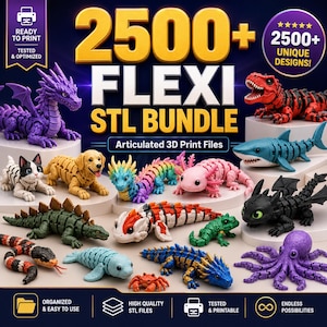 Pode incluir: Imagem promocional mostrando um pacote Flexi STL 2500+ de arquivos de impressão 3D articulados. A imagem apresenta várias criaturas coloridas impressas em 3D, incluindo dragões, cães e um tubarão. O texto na imagem destaca o número de designs e recursos como 'Ready to Print' e 'High Quality STL Files'.