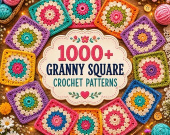 Mais de 1000 padrões de crochê de quadrados da vovó, pacote em PDF, blocos para manta, motivos para cobertores, desenhos florais vintage, download instantâneo