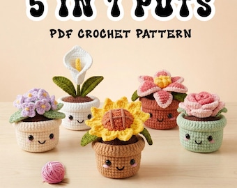 Padrão de vaso de flores de crochê 5 em 1, tutorial de plantas amigurumi (padrão em PDF)