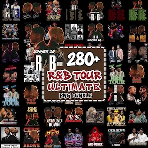 May include: A collection of R&B tour graphics featuring Chris Brown, Usher, and other artists. The image includes the text "R&B TOUR ULTIMATE PNG BUNDLE" with over 280 graphics, in various colors and styles.