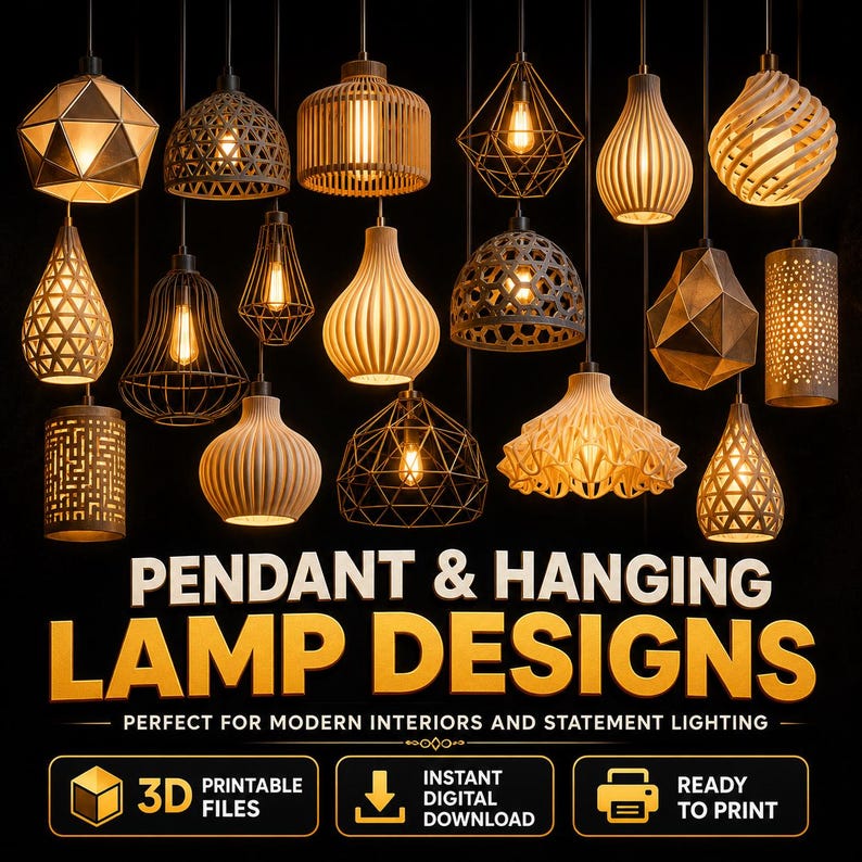 May include: A collection of pendant and hanging lamp designs in various shapes and materials, including geometric, cage, and carved styles. The lamps are lit, showcasing their unique forms. The image includes the text "PENDANT & HANGING LAMP DESIGNS".