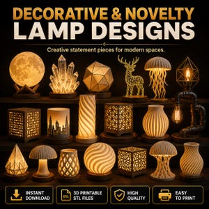 May include: A collection of decorative and novelty lamp designs, including a moon, crystal, geometric shapes, and a deer. The lamps are in various shapes and sizes, with warm lighting. The image includes the text "DECORATIVE & NOVELTY LAMP DESIGNS".