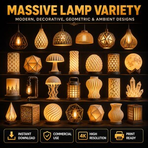 May include: A variety of modern and decorative lamps are displayed on a black background. The lamps come in various shapes, including geometric, cylindrical, and spherical designs. The text "MASSIVE LAMP VARIETY" and "MODERN, DECORATIVE, GEOMETRIC & AMBIENT DESIGNS" are visible.