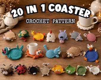 Pacote com 20 padrões de crochê para porta-copos de animais | Porta-copos de animais | Estilo amigurumi | Padrão em PDF + Tutorial