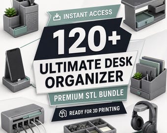 Pacote com mais de 120 organizadores de escritório em formato STL, prontos para impressão 3D: organizadores de mesa, porta-lápis, suporte para celular. Modelos populares, coleção para download digital.