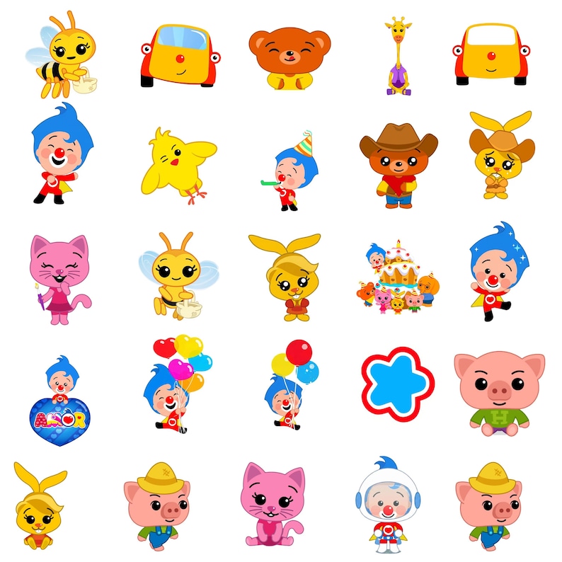 K&ouml;nnte beinhalten: Eine Sammlung farbenfroher Cartoonfiguren, darunter eine Biene, Autos, ein B&auml;r, eine Giraffe, ein Clown, ein K&uuml;ken, ein Kaninchen, eine Katze, ein Schwein und mehr. Jede Figur ist farbenfroh und in einem verspielten Stil gestaltet, ideal f&uuml;r Kinderprodukte.