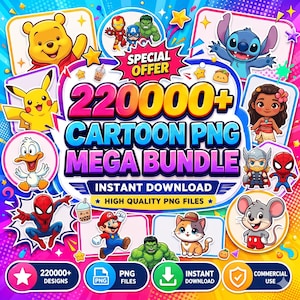 Könnte beinhalten: Eine farbenfrohe Grafik, die ein Cartoon-PNG-Mega-Bundle bewirbt. Das Bild zeigt verschiedene Cartoon-Charaktere, darunter Winnie Puuh, Pikachu und Spider-Man. Der Text enthält "220000+ CARTOON PNG MEGA BUNDLE" und "INSTANT DOWNLOAD".