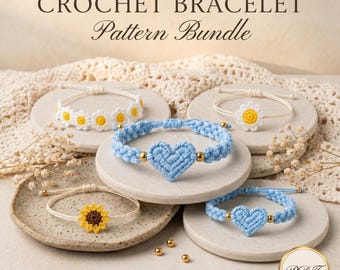 Häkelarmband PDF, Herz Armband Häkelanleitung, Gänseblümchen Blume Armband, Sonnenblume Armband, verstellbare Freundschaft