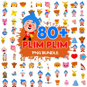 K&ouml;nnte beinhalten: Eine Sammlung von Cartoon-Charakter-Grafiken, darunter Clowns, Tiere und Fahrzeuge. Das Bild zeigt den Text "80+ PLIM PLIM PNG BUNDLE" in gro&szlig;en, fetten Buchstaben, vor einem orangefarbenen Hintergrund. Verschiedene farbenfrohe Illustrationen sind um den zentralen Text angeordnet.