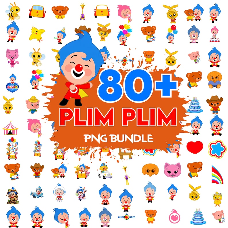 K&ouml;nnte beinhalten: Eine Sammlung von Cartoon-Charakter-Grafiken, darunter Clowns, Tiere und Fahrzeuge. Das Bild zeigt den Text "80+ PLIM PLIM PNG BUNDLE" in gro&szlig;en, fetten Buchstaben, vor einem orangefarbenen Hintergrund. Verschiedene farbenfrohe Illustrationen sind um den zentralen Text angeordnet.