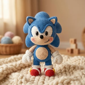 May include: A handmade blue crochet Sonic the Hedgehog doll with white gloves and shoes. The doll has a tan face with a black nose and eyes, and rosy cheeks. The doll is standing on a cream-coloured, knitted blanket.