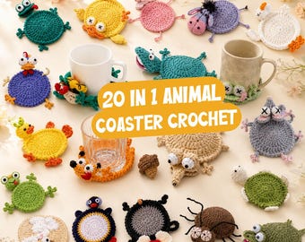 Kit com 20 padrões de crochê para porta-copos de animais, porta-canecas e suporte para canecas em formato de animais (PDF + vídeo tutorial)