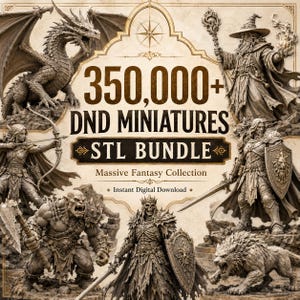 May include: An advertisement for a digital STL bundle of Dungeons and Dragons miniatures. The image features various fantasy figures, including a dragon, wizard, warrior, and orc. Text reads "350,000+ DND MINIATURES STL BUNDLE" and "Massive Fantasy Collection."