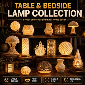 May include: A collection of table and bedside lamps in various designs. The lamps include a moon-shaped lamp, geometric lamps, and lamps with intricate patterns. The text "TABLE & BEDSIDE LAMP COLLECTION" is at the top, with "Stylish ambient lighting for home d&eacute;cor" below.