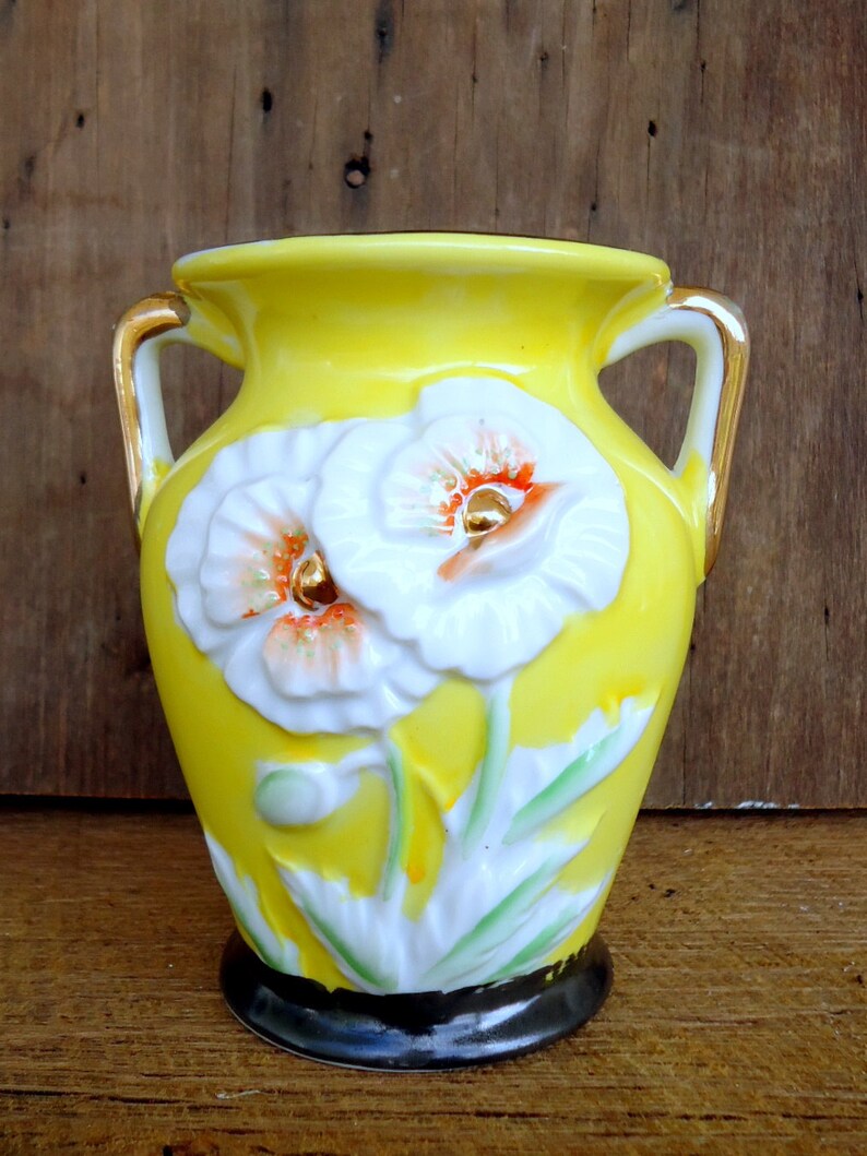 Vintage Yellow Vase Mini Small Gold Yellow Floral Black Japan Etsy