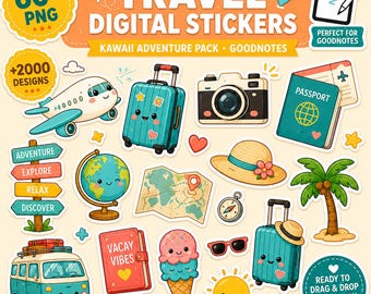 Travel Digital Stickers for Planners & Notes | Kawaii Adventure Designs | Digital PDF Download