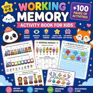 May include: A colorful activity book for kids titled Working Memory with 100 pages of exercises. The cover features a panda and a fox, with illustrations of memory games involving trains, ice cream cones, kites, and planets on a dark blue background.