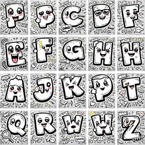 May include: A collection of twenty individual rectangular cards featuring white cartoon letters of the alphabet with expressive faces, black outlines, and comic-style sound effects like BAM, POW, and YEAH on a gray grid background.