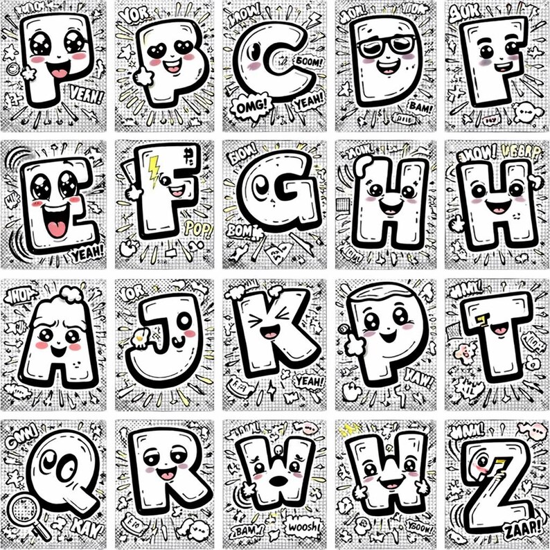 May include: A collection of twenty individual rectangular cards featuring white cartoon letters of the alphabet with expressive faces, black outlines, and comic-style sound effects like BAM, POW, and YEAH on a gray grid background.