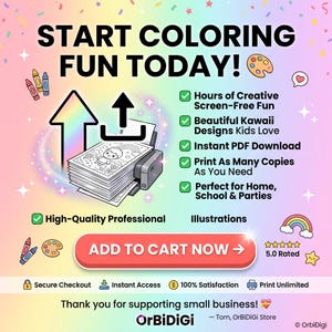 May include: A digital advertisement for printable coloring pages featuring the text START COLORING FUN TODAY! and ADD TO CART NOW. The graphic includes a printer icon, a stack of papers, and icons of crayons, a palette, a rainbow, and a star.