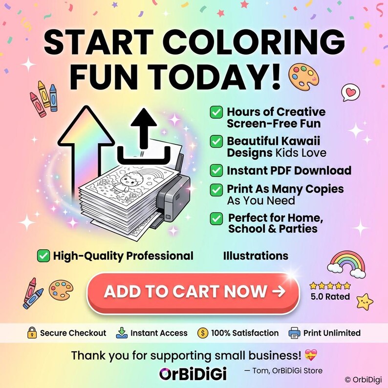 May include: A digital advertisement for printable coloring pages featuring the text START COLORING FUN TODAY! and ADD TO CART NOW. The graphic includes a printer icon, a stack of papers, and icons of crayons, a palette, a rainbow, and a star.