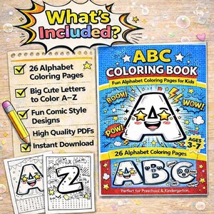 May include: An ABC coloring book with a comic book style cover featuring a large letter A with star eyes and the text ABC COLORING BOOK. Includes a checklist of 26 alphabet coloring pages, big letters A-Z, and two sample pages showing letters A and Z.