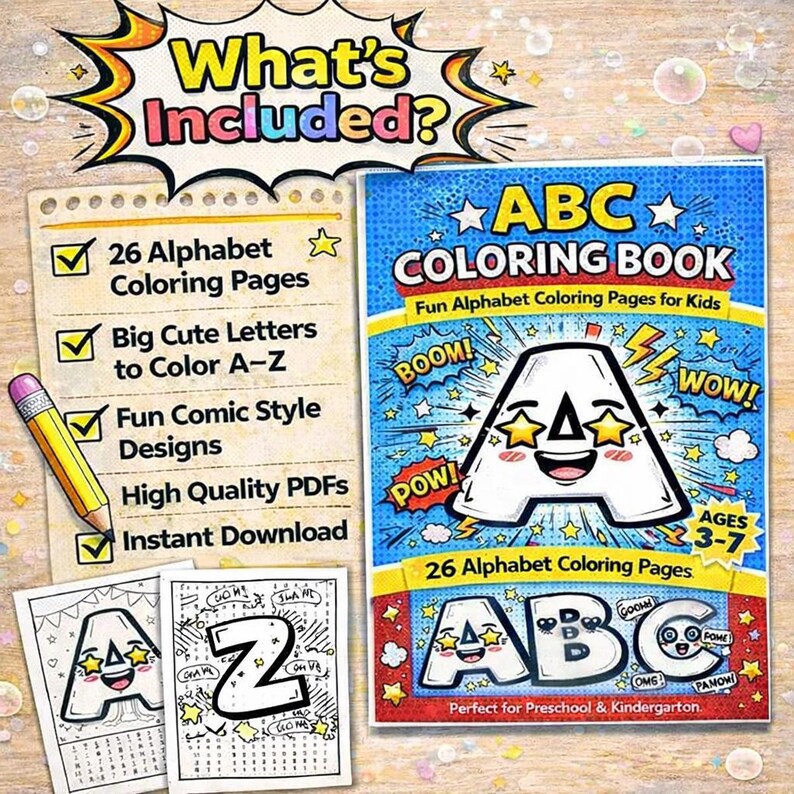May include: An ABC coloring book with a comic book style cover featuring a large letter A with star eyes and the text ABC COLORING BOOK. Includes a checklist of 26 alphabet coloring pages, big letters A-Z, and two sample pages showing letters A and Z.