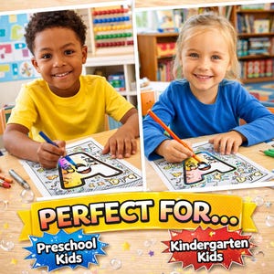 May include: Two children coloring letter-shaped activity sheets with markers. One child wears a yellow shirt and uses a blue marker, while the other wears a blue shirt and uses an orange marker. Text on the image reads: PERFECT FOR... Preschool Kids, Kindergarten Kids.