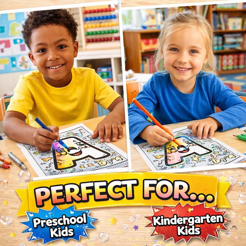 May include: Two children coloring letter-shaped activity sheets with markers. One child wears a yellow shirt and uses a blue marker, while the other wears a blue shirt and uses an orange marker. Text on the image reads: PERFECT FOR... Preschool Kids, Kindergarten Kids.