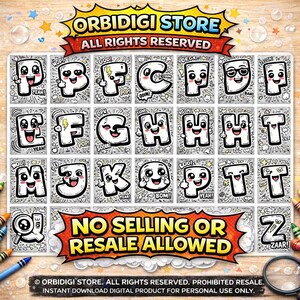 May include: A digital alphabet coloring sheet featuring cartoon letters with expressive faces and comic-style sound effects. The grid includes letters A through Z, each with unique black and white line art designs, labeled ORBIDIGI STORE.