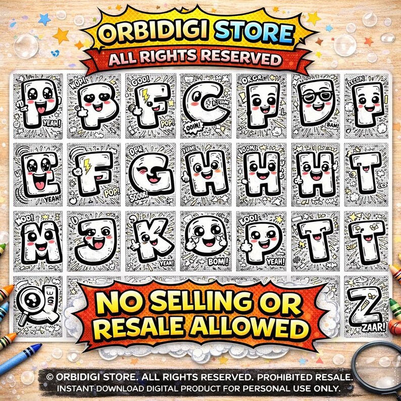 May include: A digital alphabet coloring sheet featuring cartoon letters with expressive faces and comic-style sound effects. The grid includes letters A through Z, each with unique black and white line art designs, labeled ORBIDIGI STORE.