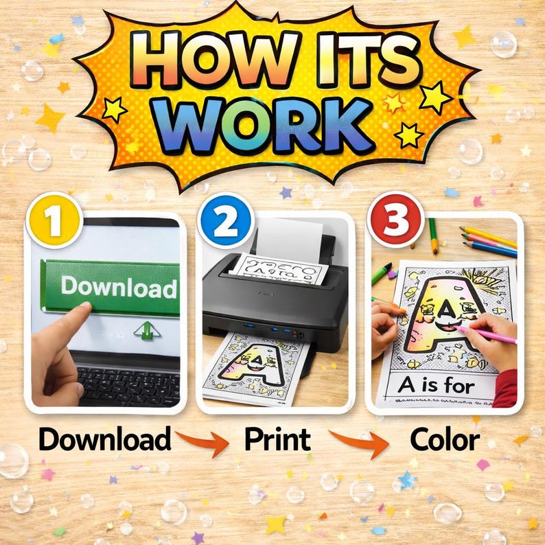 May include: An instructional graphic titled HOW ITS WORK showing three steps: 1. Download a digital file on a laptop, 2. Print the document using a black printer, and 3. Color a printed page featuring the letter A with colored pencils.