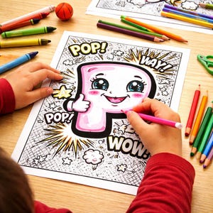 May include: A coloring page featuring a large, cartoon-style letter P with a smiling face, large eyes, and a thumbs-up gesture. The page includes comic-book style text bubbles with the words POP, WAY, and WOW, surrounded by various colored pencils.
