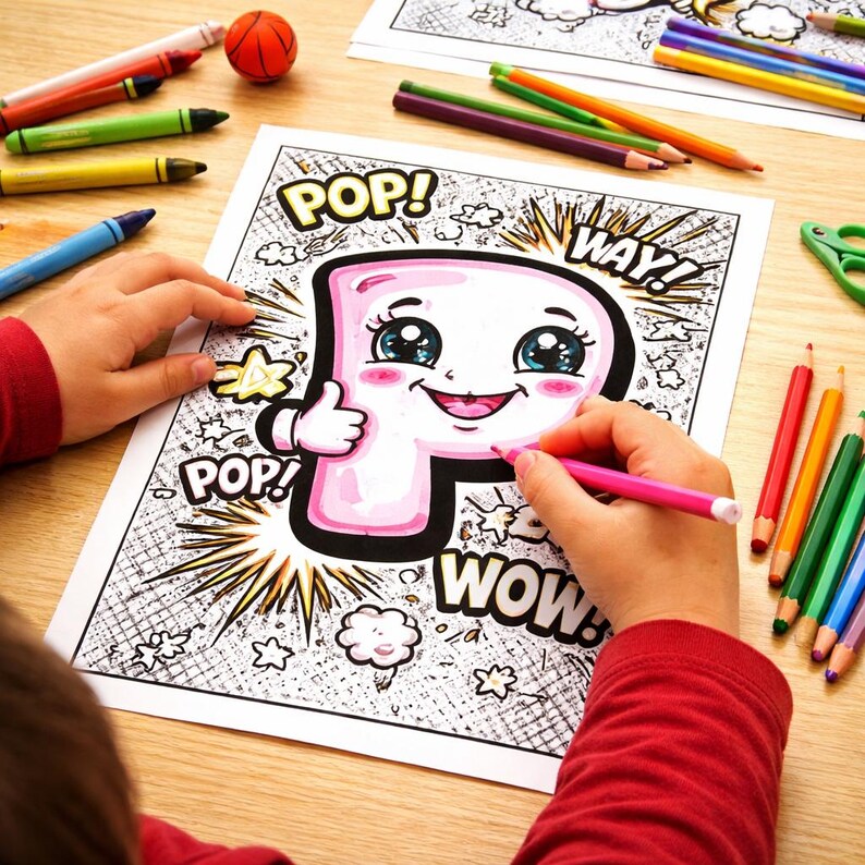 May include: A coloring page featuring a large, cartoon-style letter P with a smiling face, large eyes, and a thumbs-up gesture. The page includes comic-book style text bubbles with the words POP, WAY, and WOW, surrounded by various colored pencils.