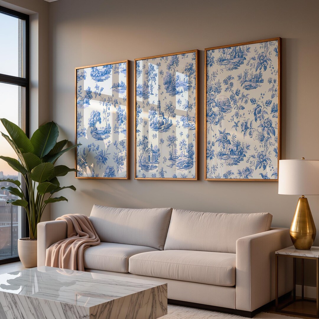 Blue Toile Mediterranean Wall Art Set of 3, Toile De Jouy Prints ...