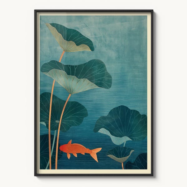 Dopamine Decor Botanical Poster: Koi Fish Art Flat Illustration
