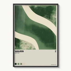 Dopamine Decor Sage Green Waves Print: Abstract Japanese Typography Poster