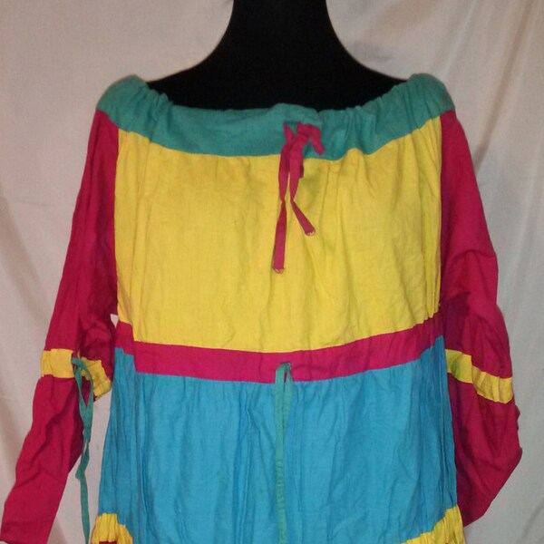 80s Vintage Gypsy Boho Hipster Beach Casual Tunic Top-Medium-Color Block-Resort Bohemian Folk