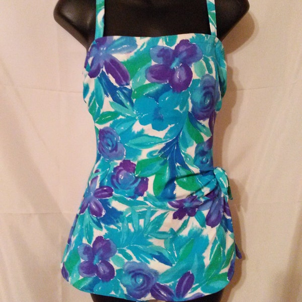 Cute 80s Vintage Sarong Skirt Bathing Suit-Gabar-Size 6-Medium-38" Bust-Cruise Resort Beach Aloha Hawaii Style