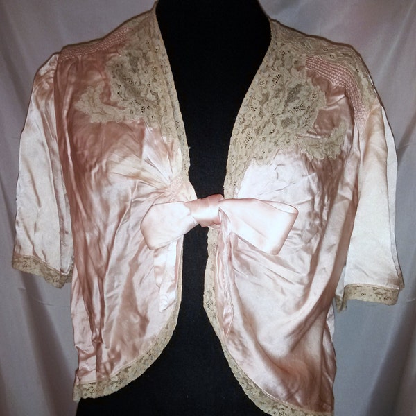 40s Vintage Rose Silk Bed Jacket-Lace-Shirred-Rustic-Fairie-Romantic-Art Deco-Gatsby-38" Bust-Medium-Size 6