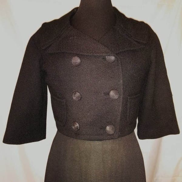60s Vintage Black Wool Crop Top Blazer Suit Jacket-Chic-Jackie o-Size 4-Small-36" Bust-Mad Men-Secretary-Waldorf Hipster