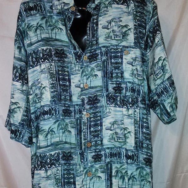 90s Vintage Rayon Aloha Shirt-Hawaiian Man Mens-Resort Beach Cruise Luau Casual Shirt-Large-44" Chest-Blue Hawaii Print