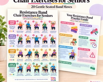 Resistance Band Chair Exercises for Seniors, Seated Workout Printable, Senior Fitness Chart, A4 US Letter PDF Download